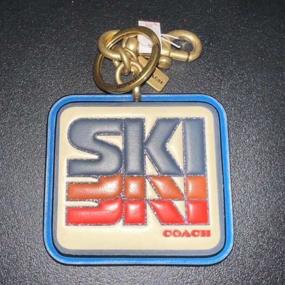 Coach Ski Patch Bag Charm Keychain Brass/Ivory/Orange Multi Smooth Leather NWT - Picture 7 of 12